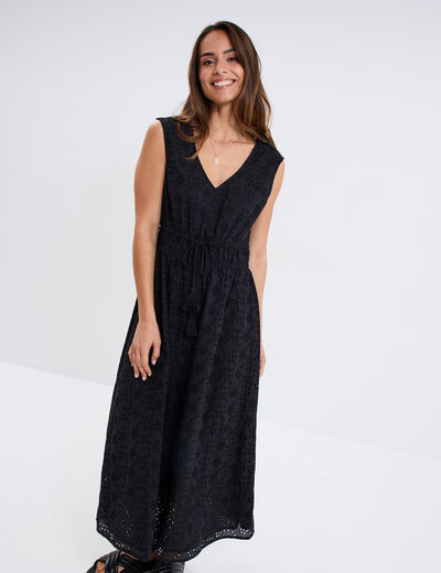 Robe midi broderie anglaise coton noir femme