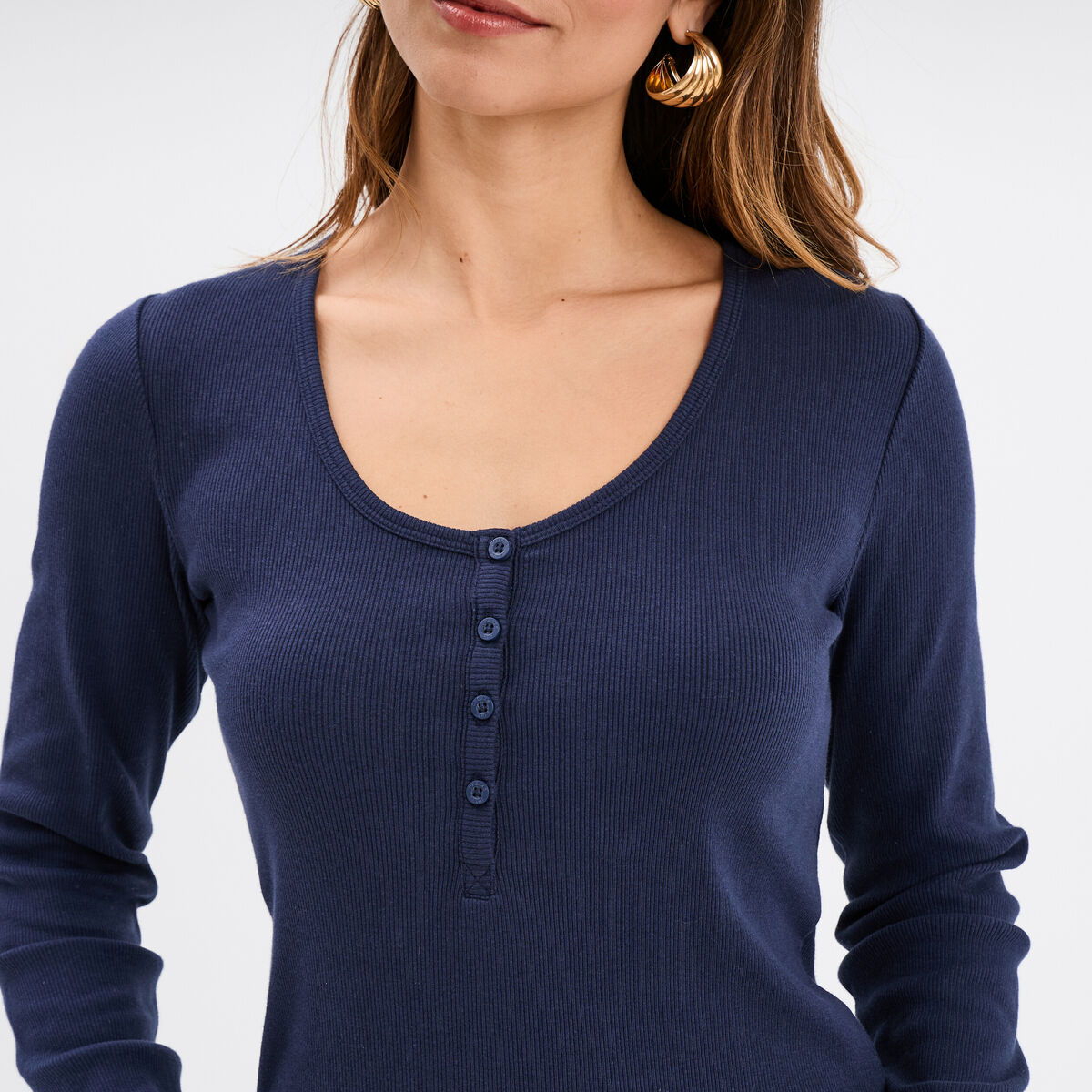 T-shirt ajusté col tunisien jersey coton bleu marine femme
