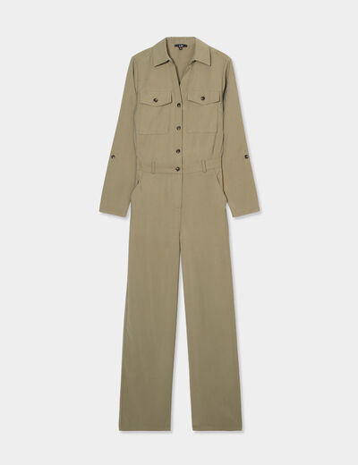 Combinaison pantalon col à revers vert kaki femme