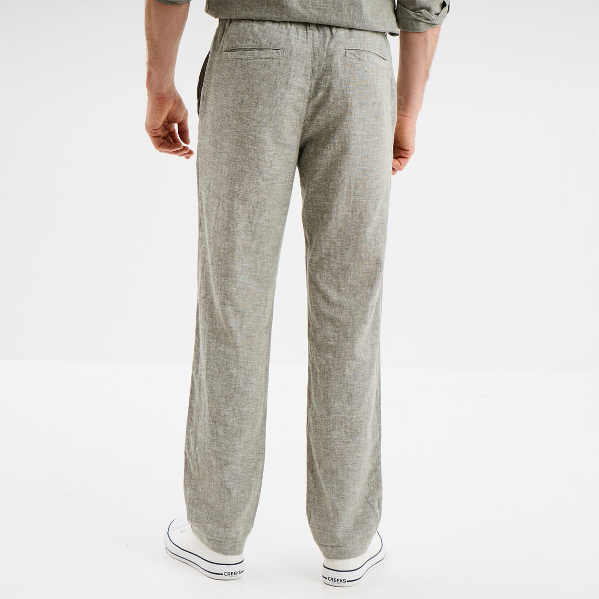 Pantalon chino droit lin m&eacute;lang&eacute; vert kaki homme