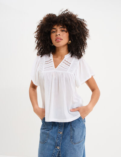 Blouse fluide l&eacute;g&egrave;re avec volants coton blanc femme