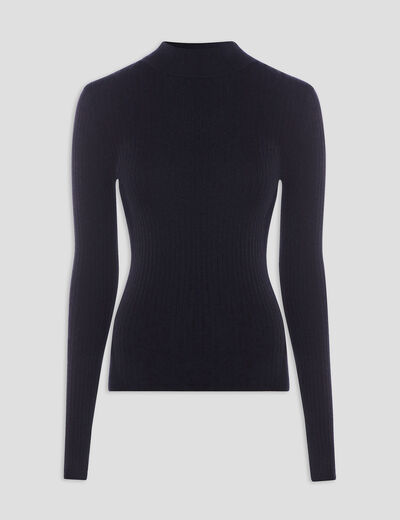 Pull ajusté côtelé col montant noir femme