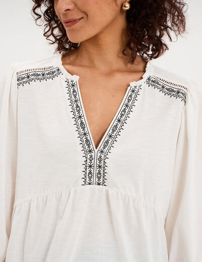 Blouse col tunisien brod&eacute; coton blanc femme