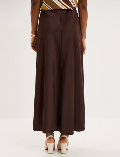 Jupe longue &eacute;vas&eacute;e effet satin marron fonc&eacute; femme