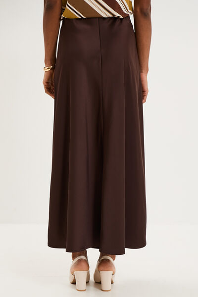 Jupe longue &eacute;vas&eacute;e effet satin marron fonc&eacute; femme