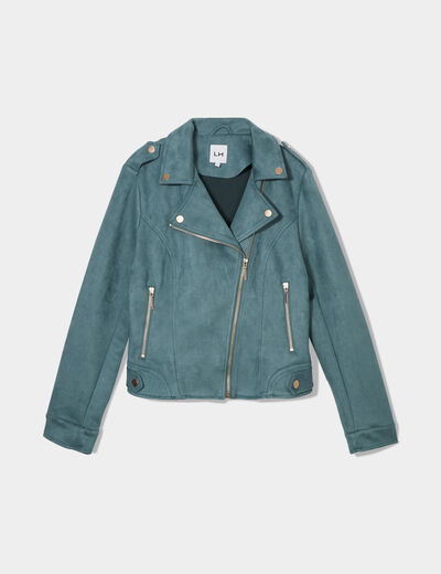 Veste courte esprit biker effet suédine vert foncé femme