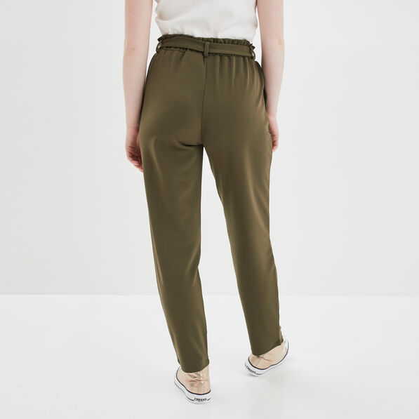 Pantalon city paperbag ceinturé 7/8ème vert kaki femme