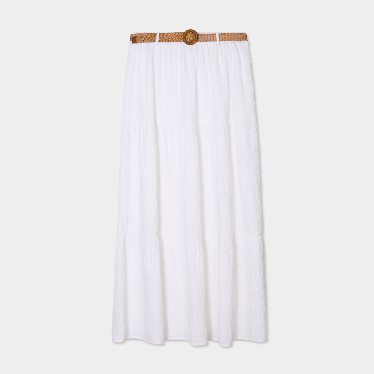 Jupe longue gaze de coton ceintur&eacute;e blanc femme