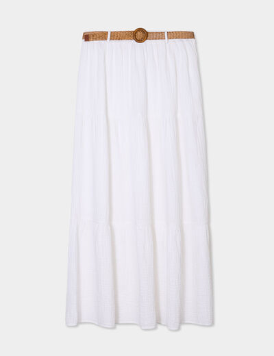Jupe longue gaze de coton ceintur&eacute;e blanc femme