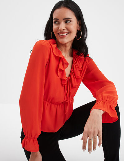 Blouse volantée col en V à cordons orange femme