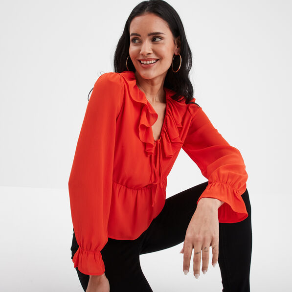 Blouse volantée col en V à cordons orange femme