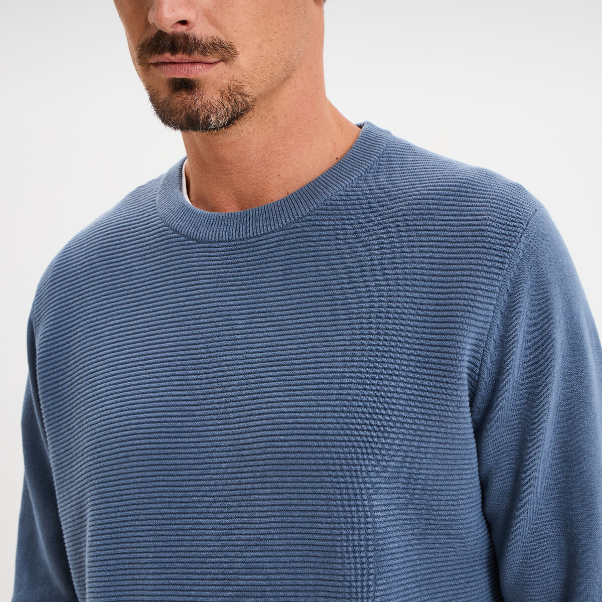 Pull col rond coton manches longues bleu foncé homme
