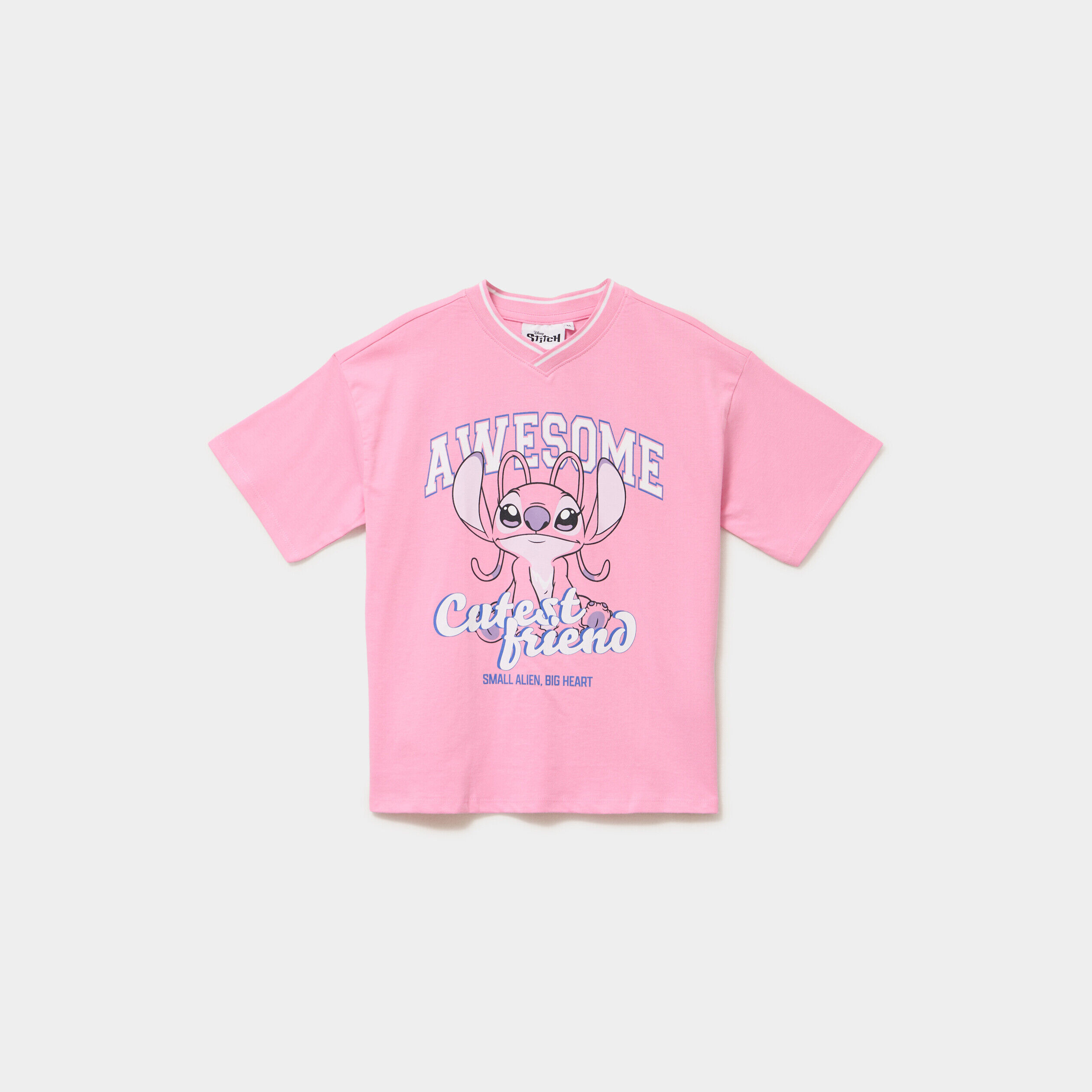 T-shirt col en V coton Stitch rose fluo fille