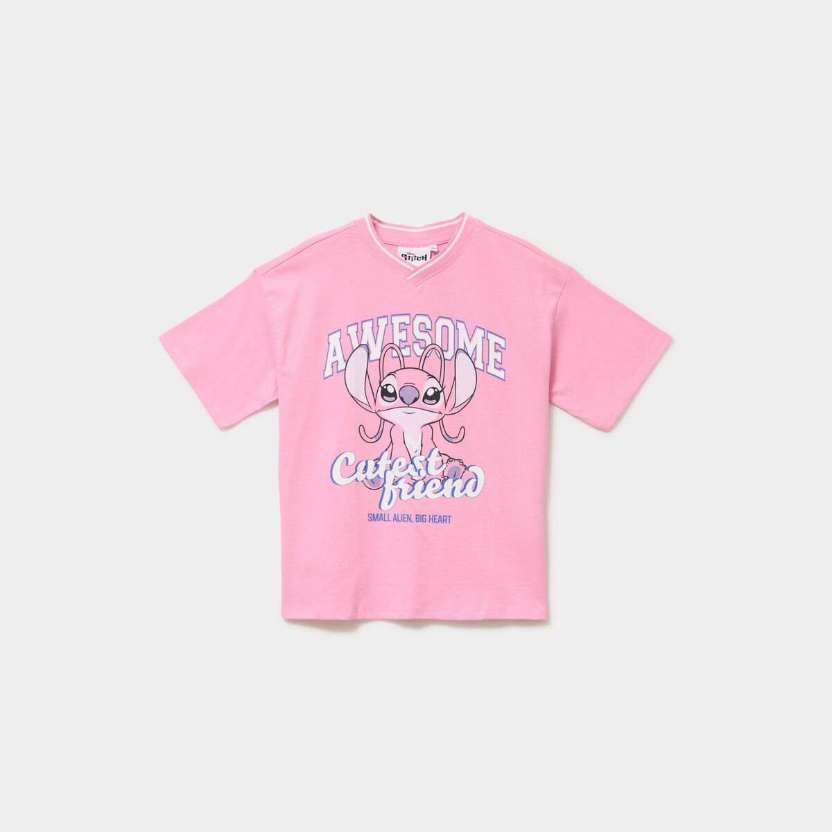 T-shirt col en V coton Stitch rose fluo fille
