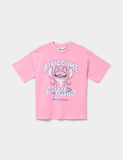 T-shirt col en V coton Stitch rose fluo fille