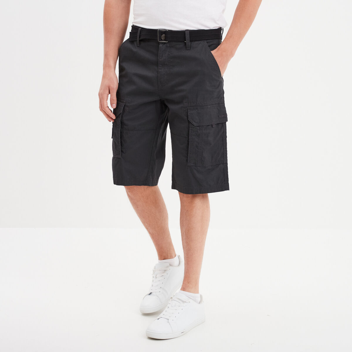 Bermuda cargo c&ocirc;tel&eacute; coton ceintur&eacute; gris fonc&eacute; homme