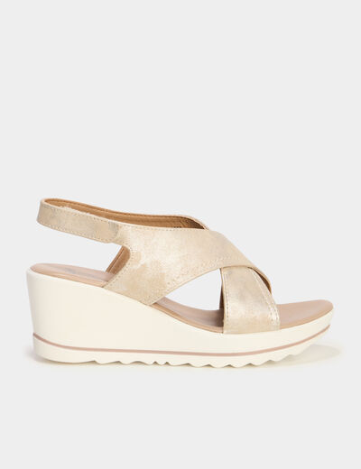 Sandales compensées brides croisées jaune or femme