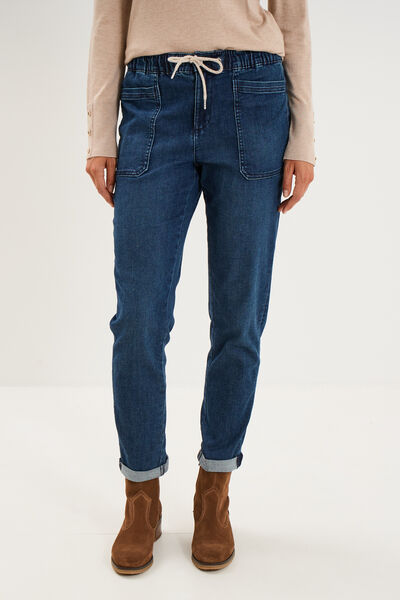 Jeans droit cropped taille &eacute;lastiqu&eacute;e bleu femme