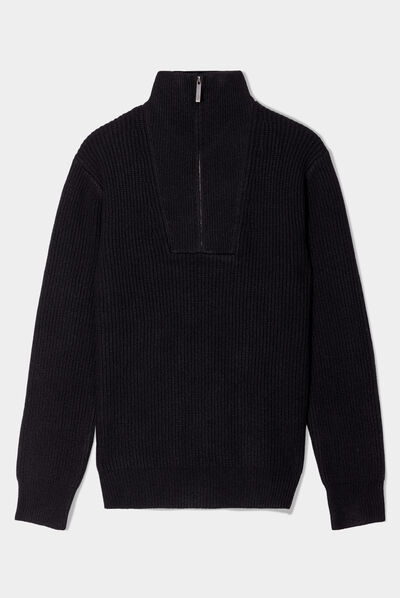 Pull avec col camionneur côtelé noir homme