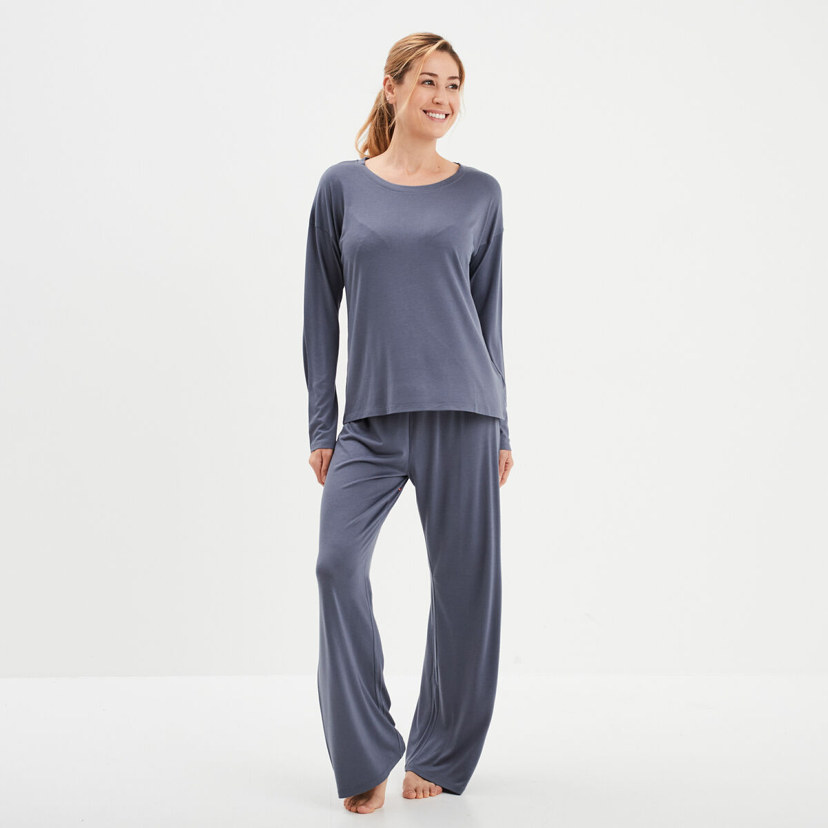 Ensemble pyjama pantalon 2 pi&egrave;ces bleu gris femme