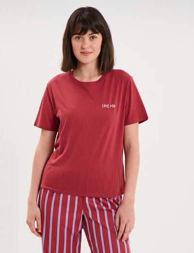 T-shirt col rond manches courtes coton rouge fonc&eacute; femme