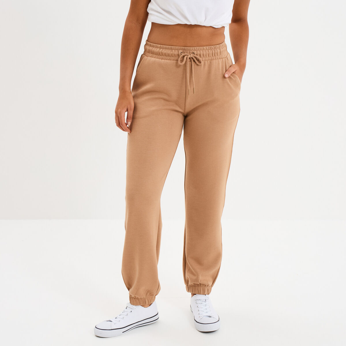 Pantalon de jogging large élastiqué taupe femme