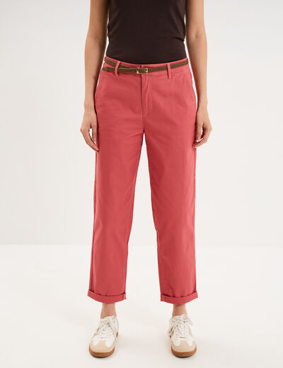 Pantalon chino regular ceinture tress&eacute;e vieux rose femme