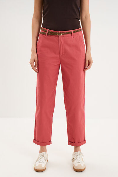 Pantalon chino regular ceinture tress&eacute;e vieux rose femme