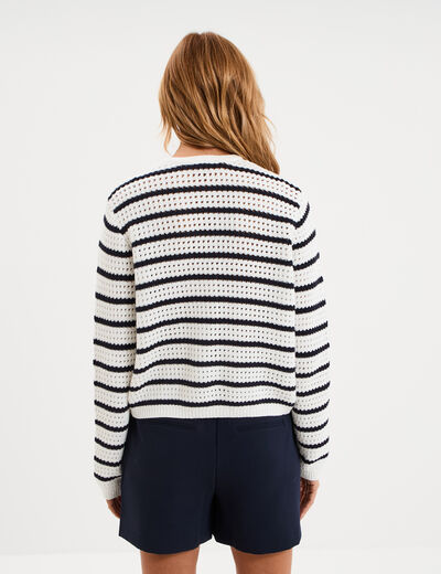 Gilet effet ajour&eacute; manches longues coton ecru femme