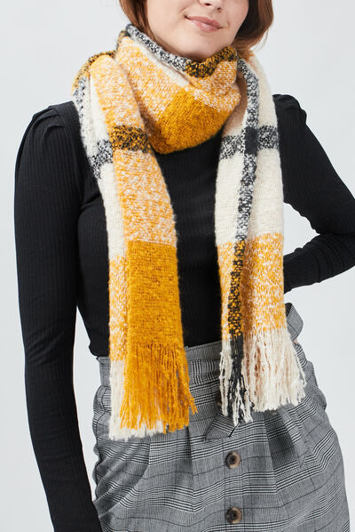 Écharpe à franges jaune moutarde femme