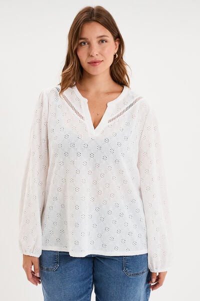 Blouse manches longues broderie anglaise blanc femme grande taille