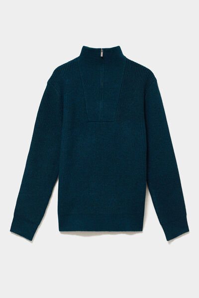 Pull avec col camionneur c&ocirc;tel&eacute; bleu canard homme