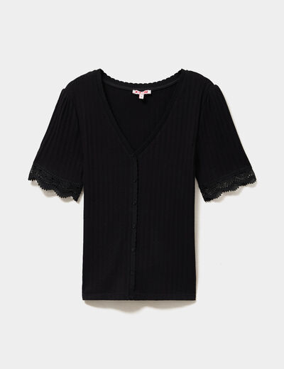 T-shirt c&ocirc;tel&eacute; avec dentelle et boutons noir femme