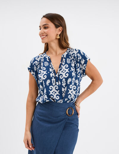 Blouse cr&eacute;pon manches courtes bleu marine femme