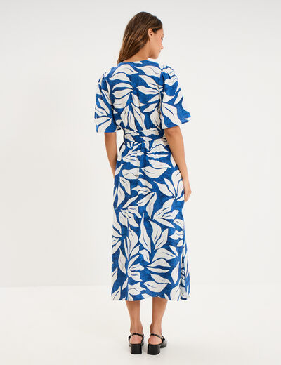 Robe longue col V taille &eacute;lastiqu&eacute;e bleu marine femme