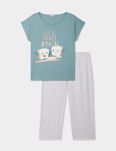 Ensemble pyjama corsaire 2 pièces coton bleu gris femme grande taille