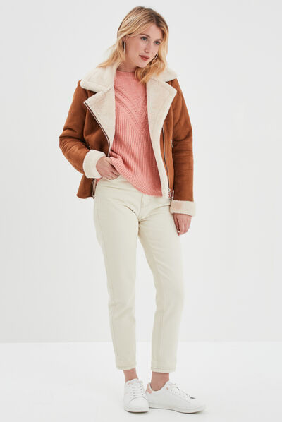 Pull col rond manches longues rose saumon femme