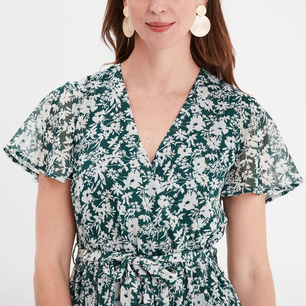 Robe longue évasée col cache-coeur vert foncé femme