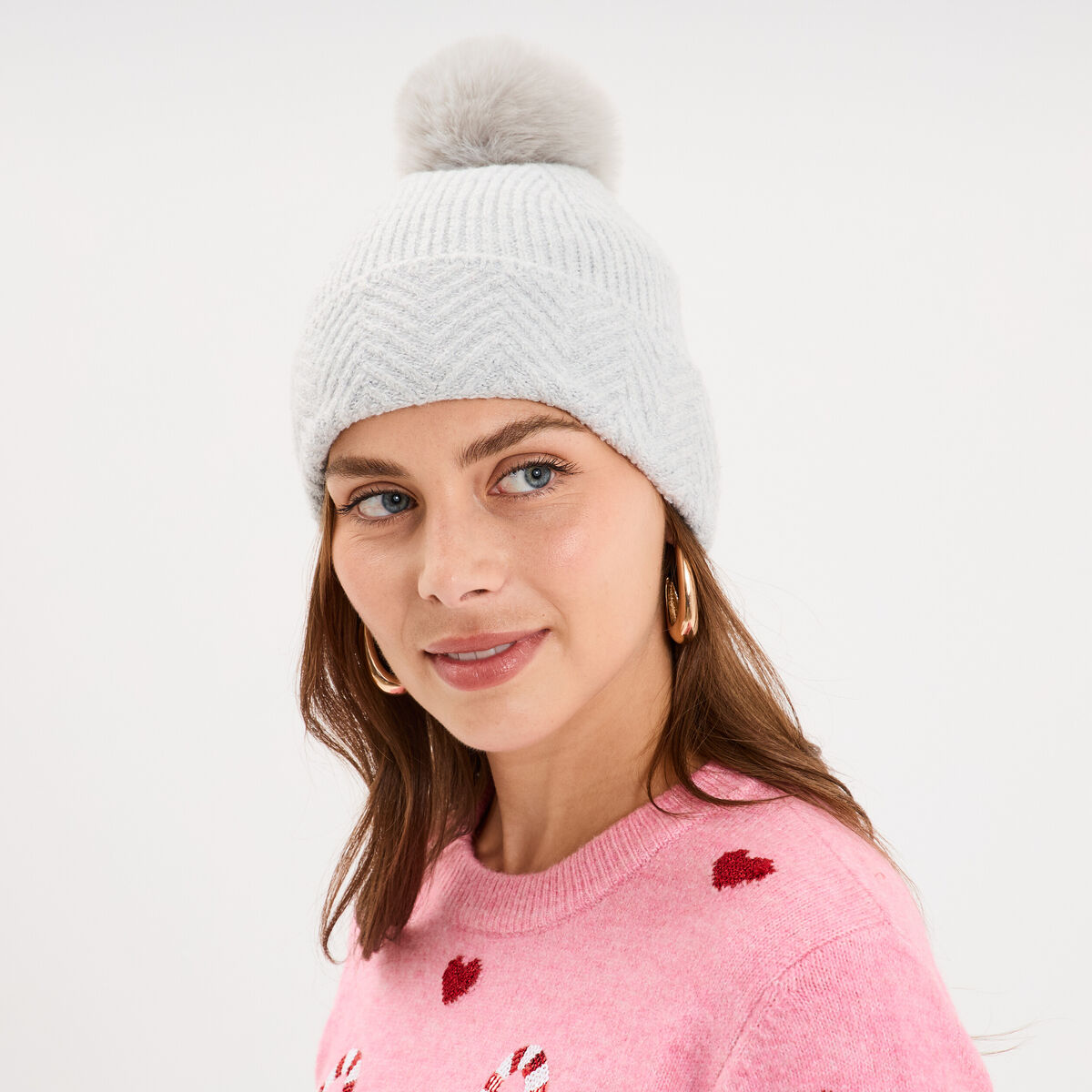 Bonnet &agrave; pompon gris femme