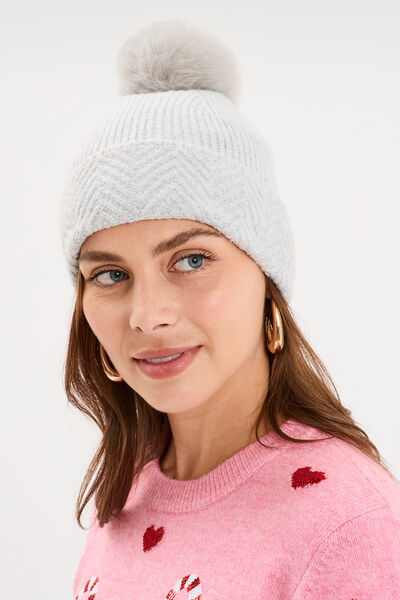 Bonnet &agrave; pompon gris femme