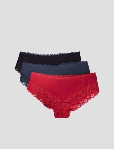Lot 3 shortys en coton avec dentelle bleu gris femme