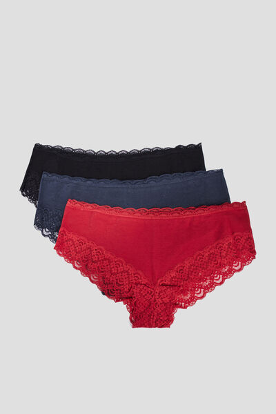 Lot 3 shortys en coton avec dentelle bleu gris femme