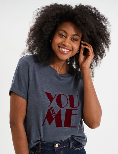 T-shirt manches courtes coton bleu gris femme