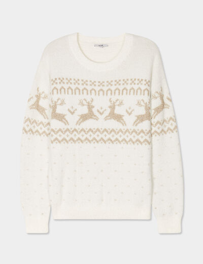 Pull No&euml;l col rond manches longues blanc femme
