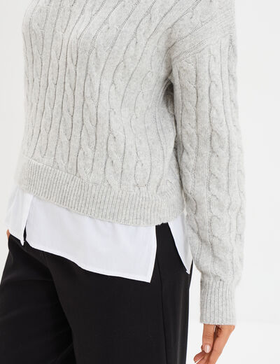 Pull torsades effet 2-en-1 chemise gris clair femme