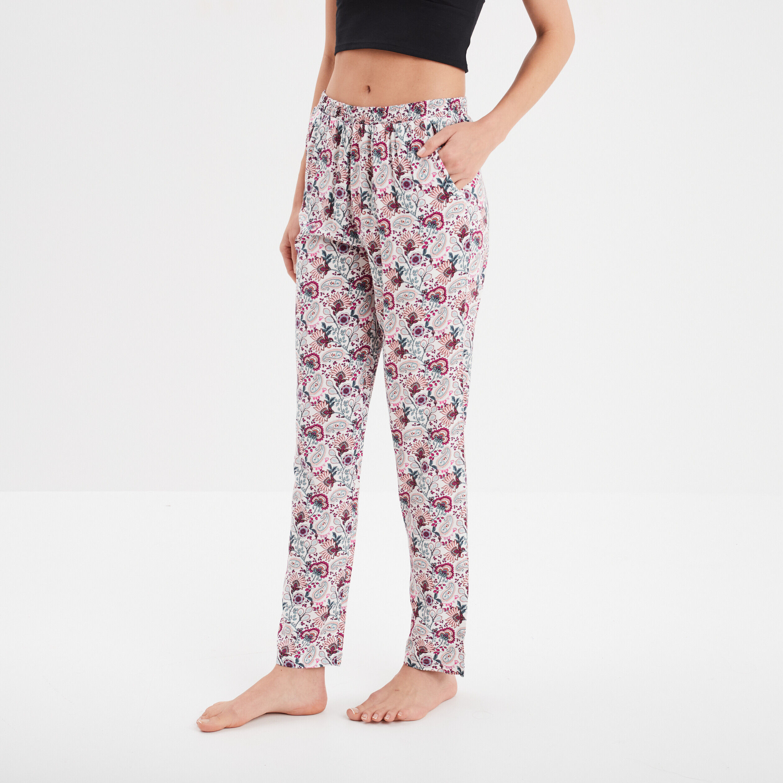 Pantalon de pyjama fluide taille haute blanc femme LH