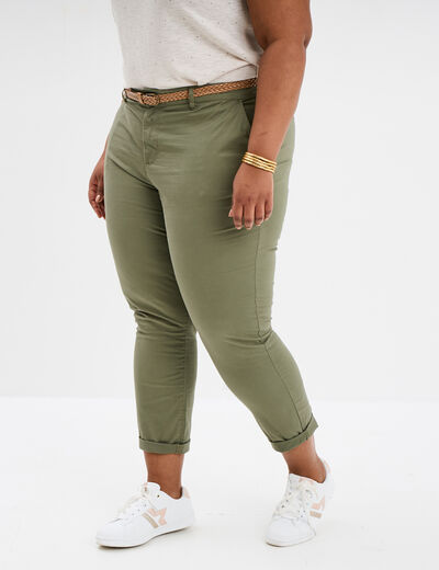 Pantalon chino cigarette ceinturé coton vert kaki femme grande taille