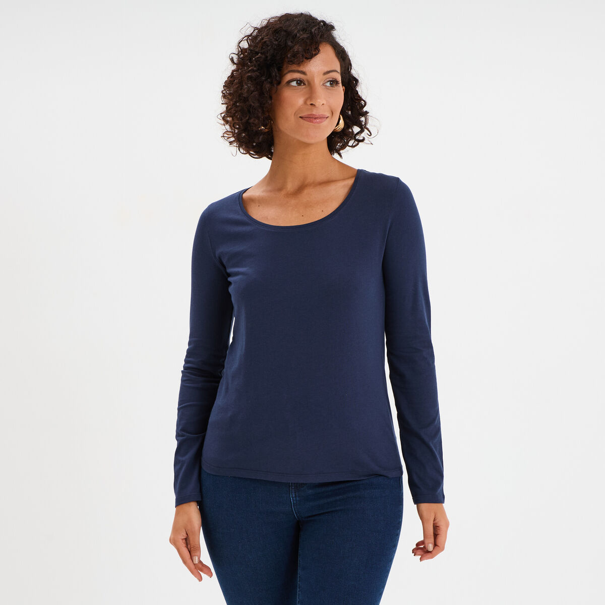 T-shirt coton col rond manches longues bleu marine femme