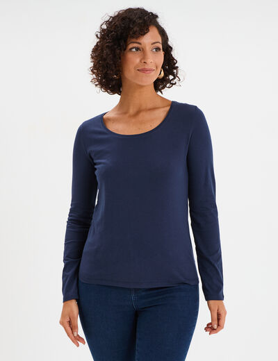T-shirt coton col rond manches longues bleu marine femme