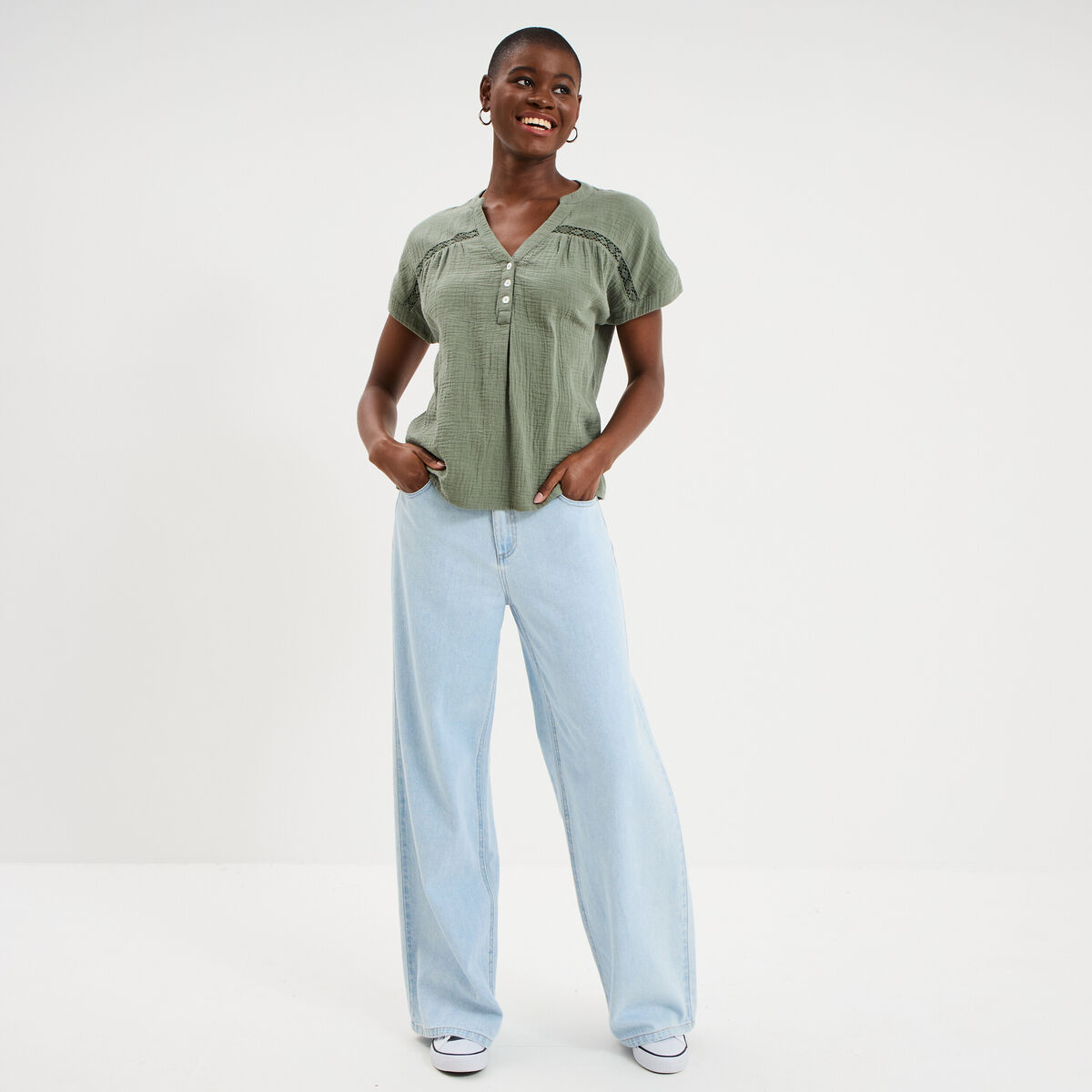 Blouse Col tunisien gaze de coton vert kaki femme